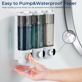Pollock three-chamber dispenser installed without drilling using wall stickers.
