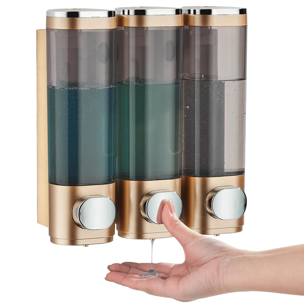 Pollock shampoo dispenser 3-chamber front view with clear window for quick restocking