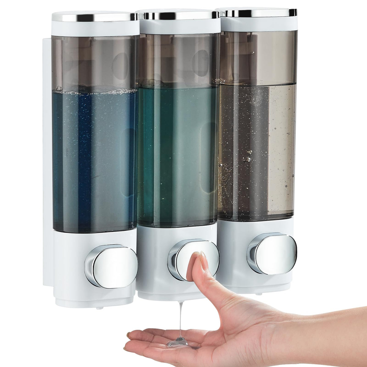 Pollock 3-chamber wall dispenser with clear window for easy refills and organization.