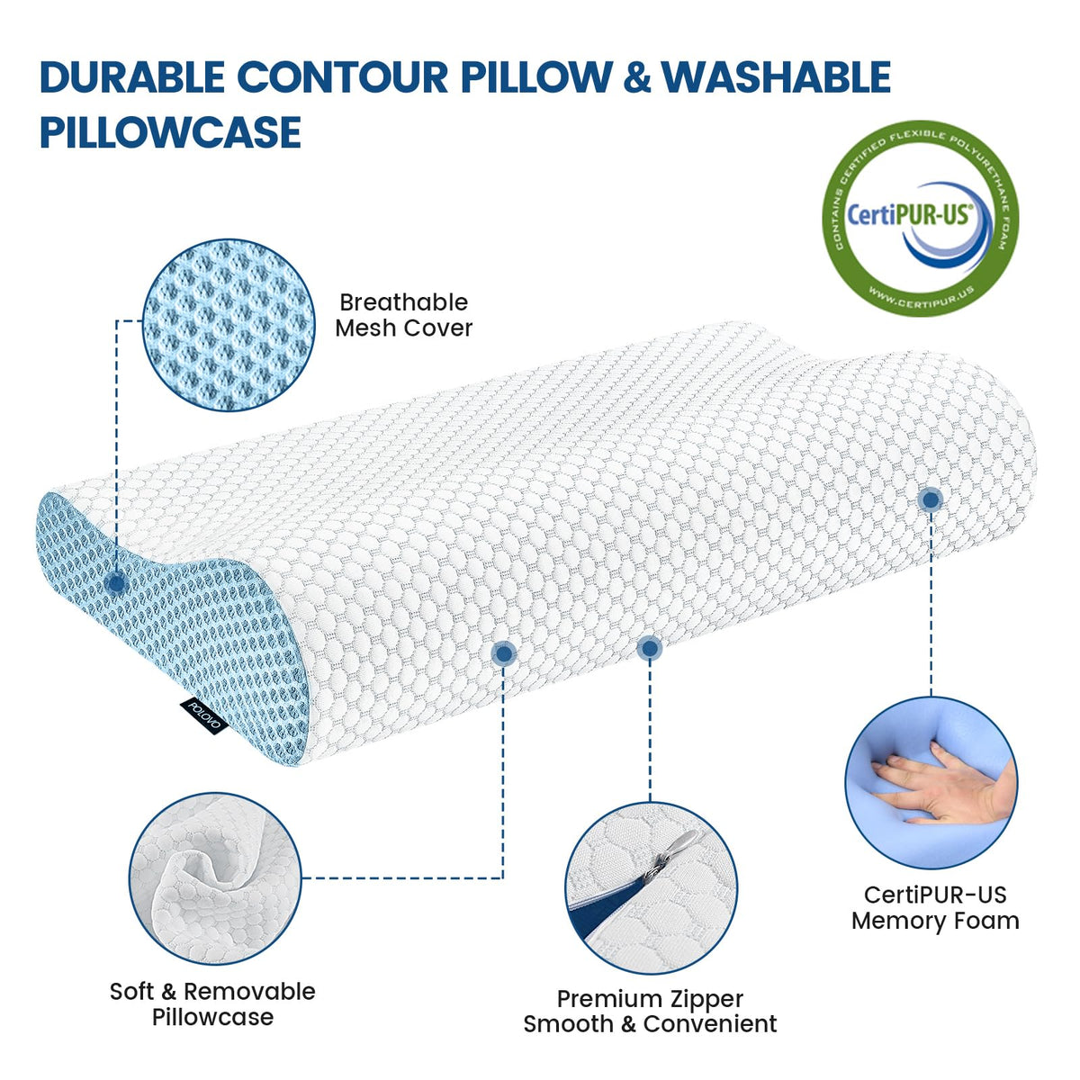 Polovo cervical pillow supports neck curve for better posture.