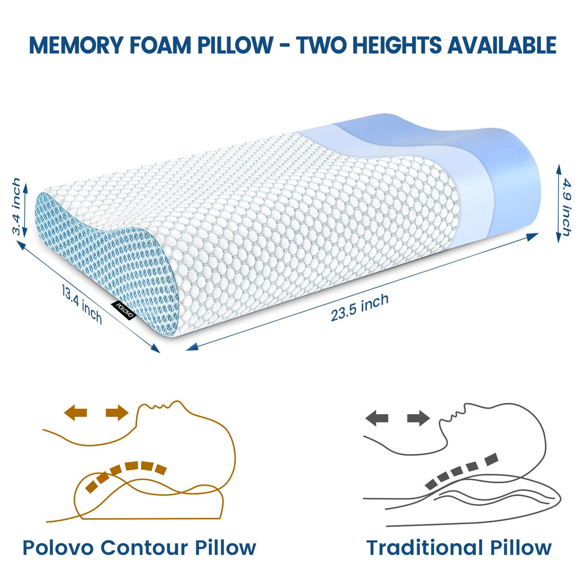 Polovo neck pillow shows side-sleep ergonomic height option for comfort.