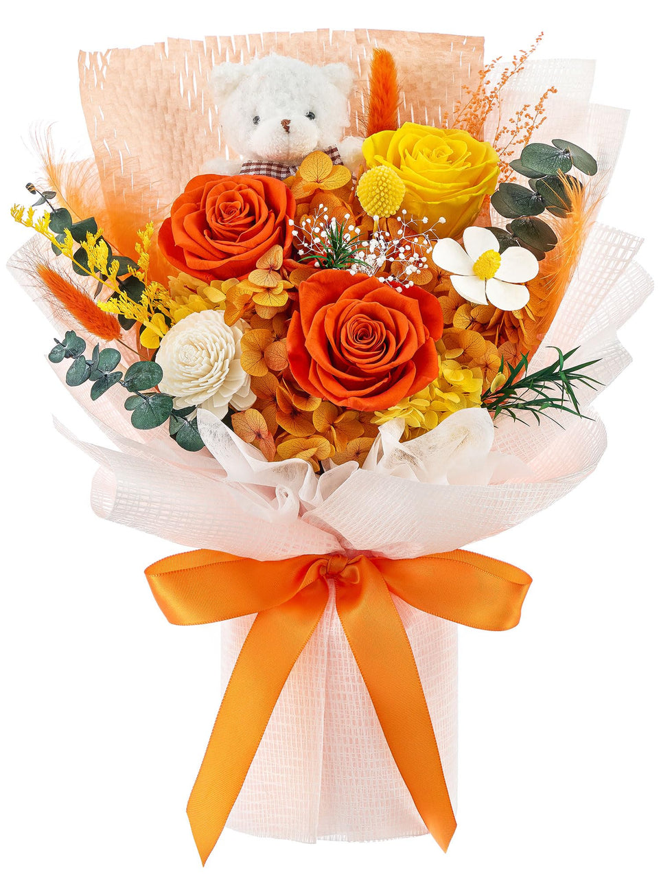 Polylove Forever Flower Bouquet close-up of preserved roses in orange tones for lasting gifting beauty.