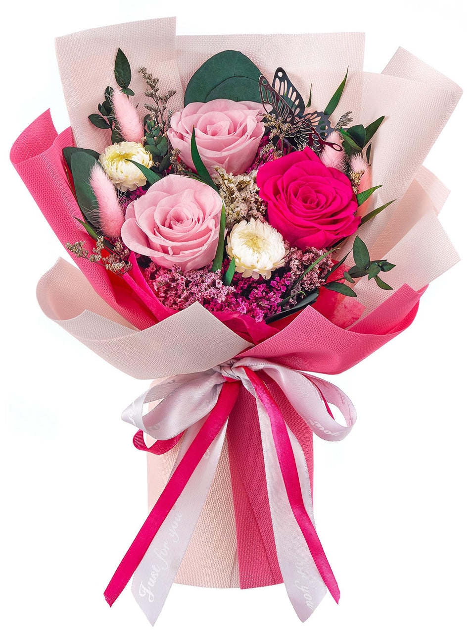Polylove hot pink preserved roses bouquet with lasting color for months