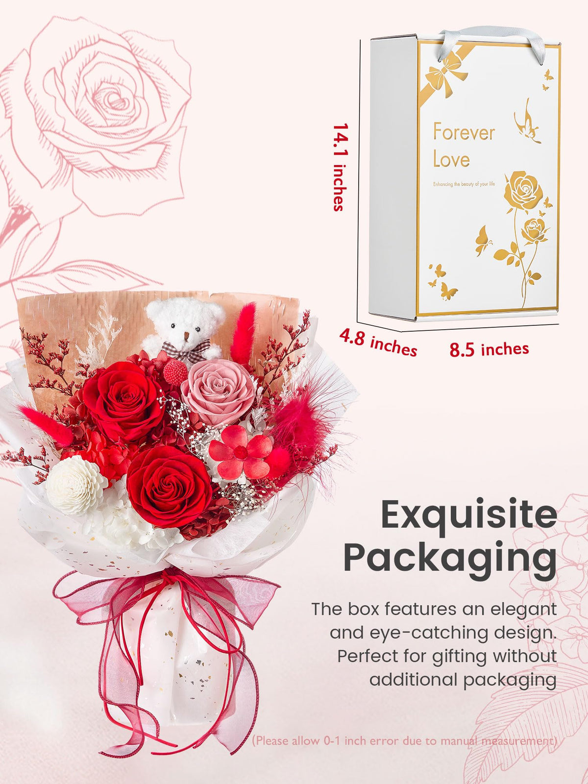 Polylove preserved rose and hydrangea bouquet showing color and long-lasting charm.