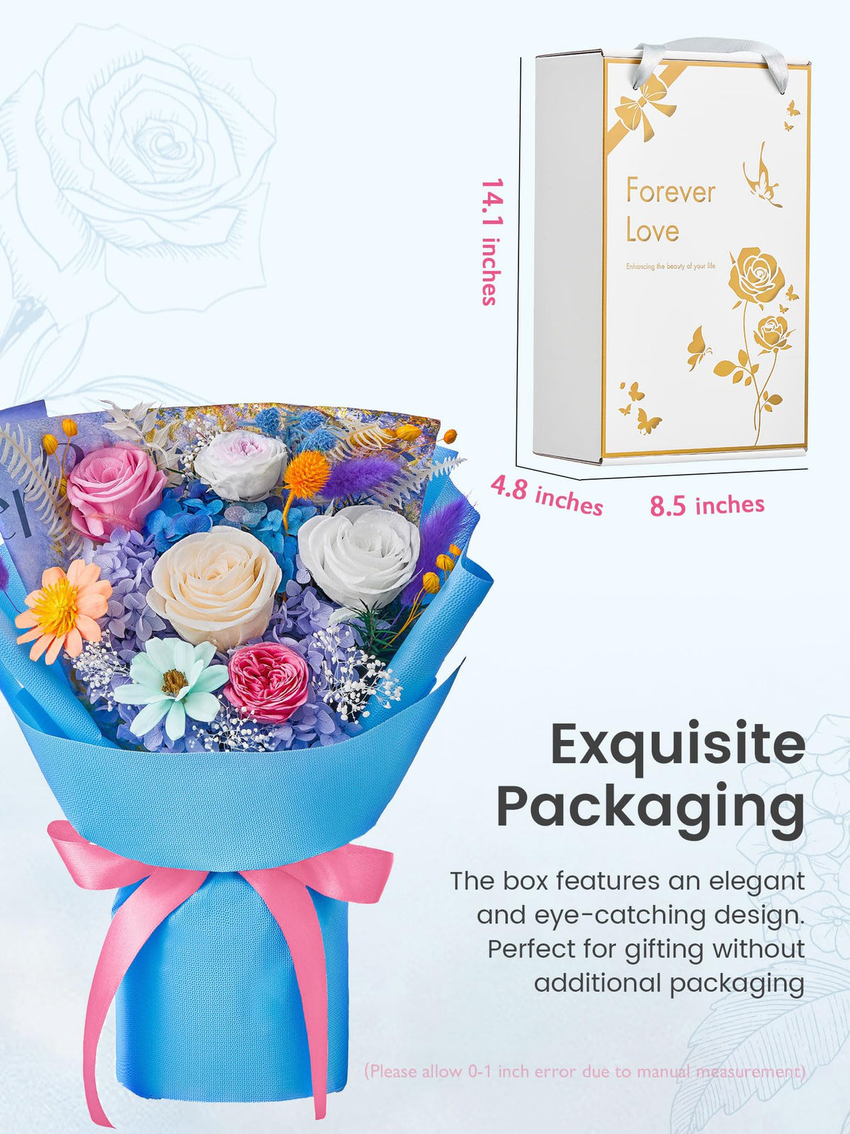 Polylove preserved roses bouquet in blue paper, ideal for timeless gifting and decor