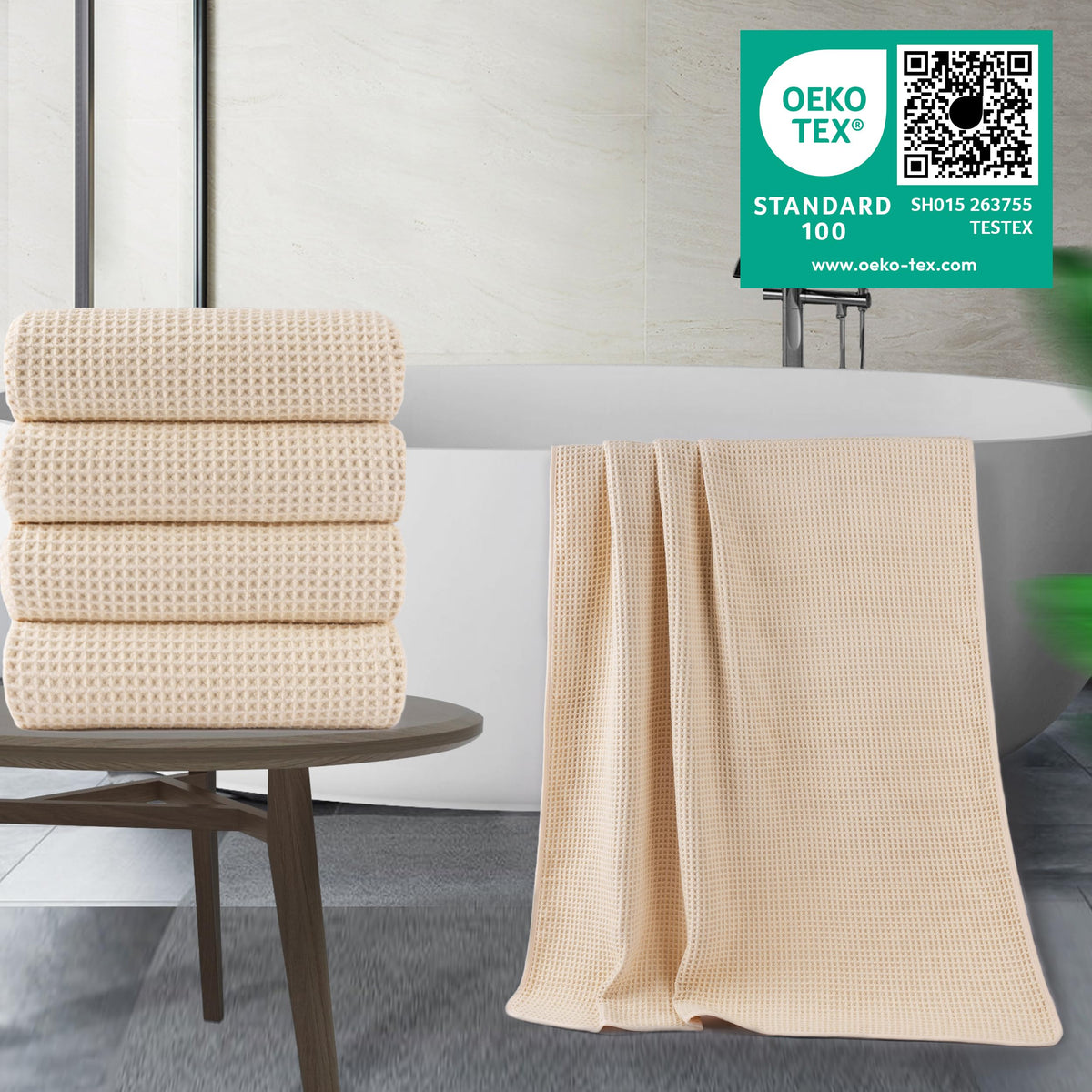 POLYTE quick-dry waffle towel demonstrating rapid absorption after shower.