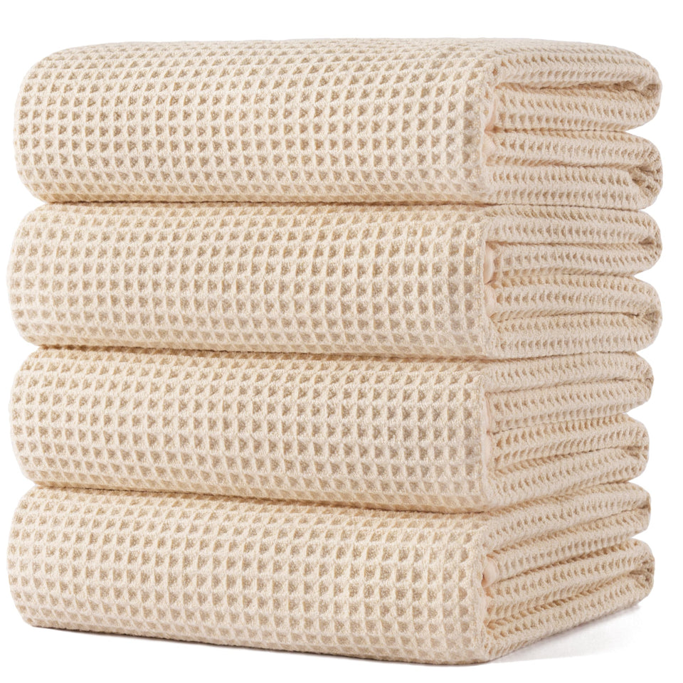 POLYTE 430gsm waffle towel close-up showing ultra-soft touch for spa-like mornings.
