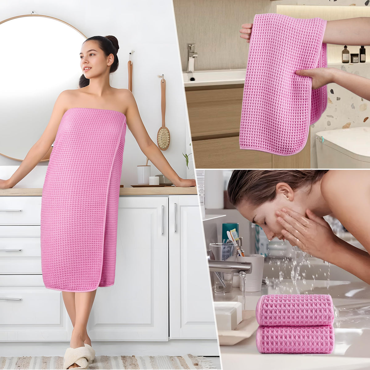 POLYTE fast-dry microfiber towels demonstrate efficient drying after baths.