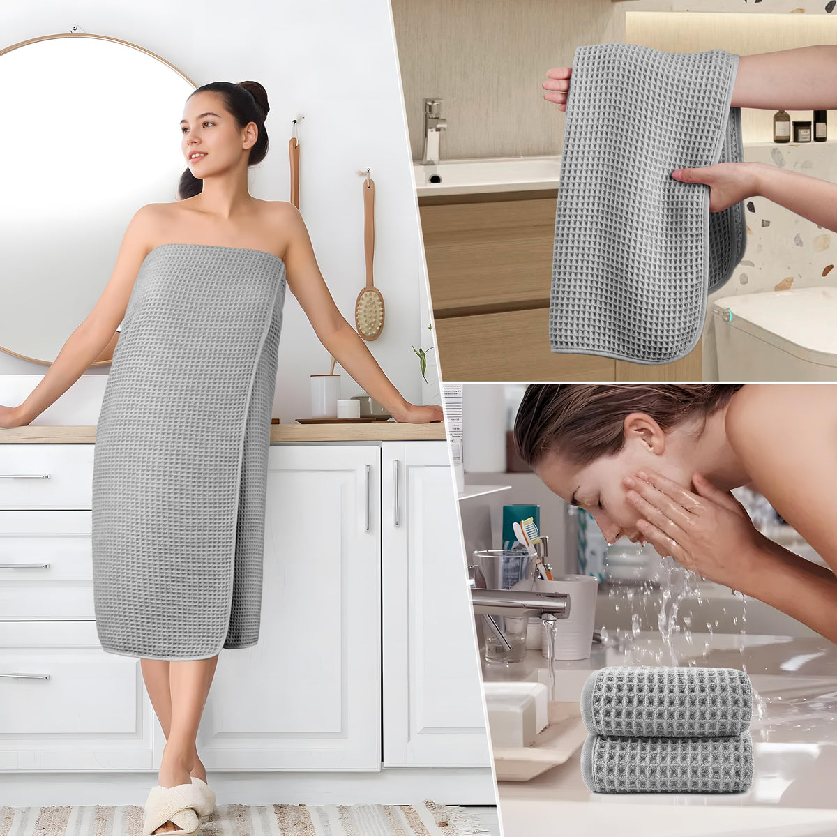 POLYTE lint-free washcloth with gentle exfoliating texture near sink.