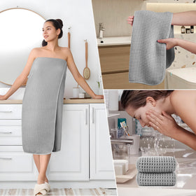 POLYTE lint-free washcloth with gentle exfoliating texture near sink.