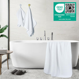 POLYTE satin-edge towel with rounded corners for durable style.