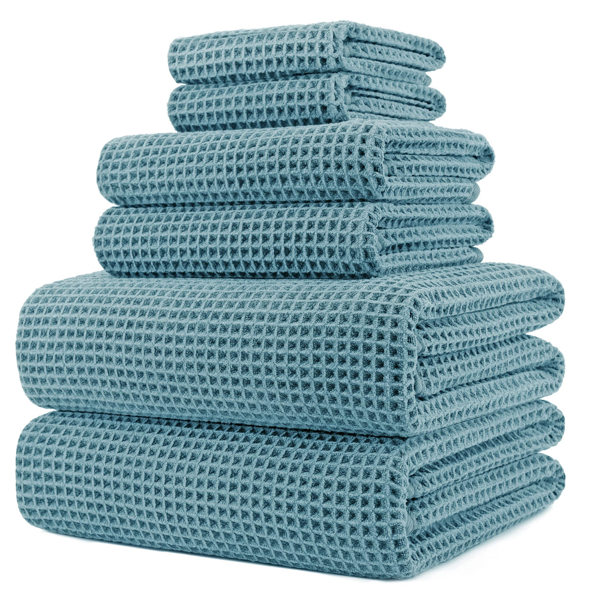 POLYTE waffle bath towel 30x60 inches, plush and quick-dry for spa-like drying after shower.