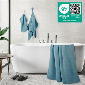 POLYTE waffle washcloth 13x13 inches, gentle exfoliation with lint-free microfiber.