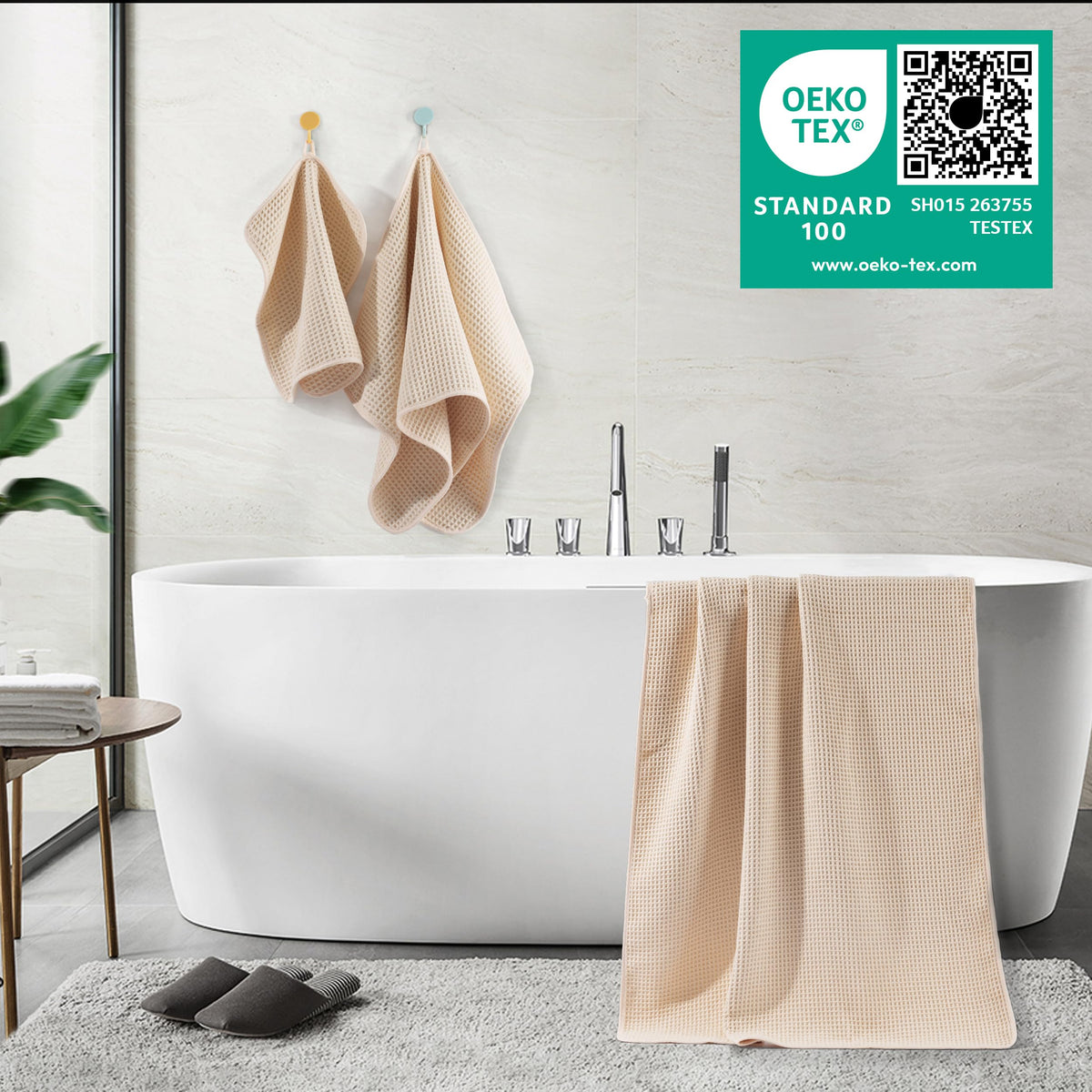 POLYTE waffle-weave washcloth demonstrates gentle exfoliation with soft feel.