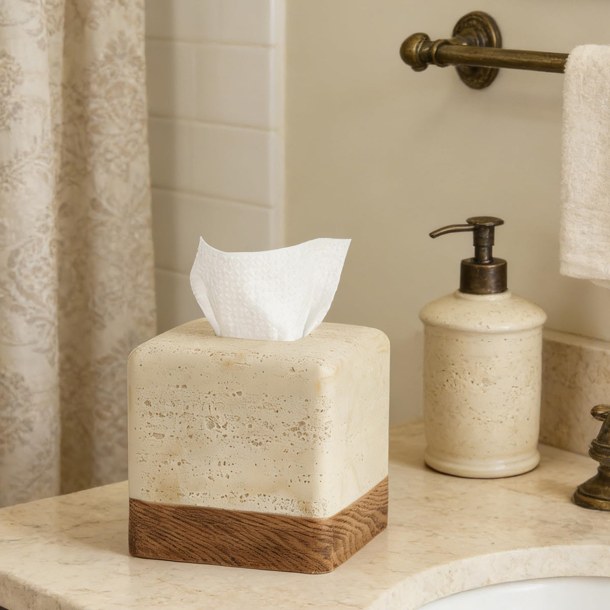 Polytree countertop vanity tissue holder keeps countertops tidy.