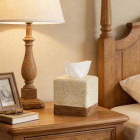 Polytree end-table tissue box cover blends with living room decor.