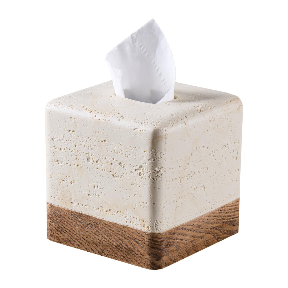 Polytree natural travertine square tissue box cover adds a durable decorative touch.