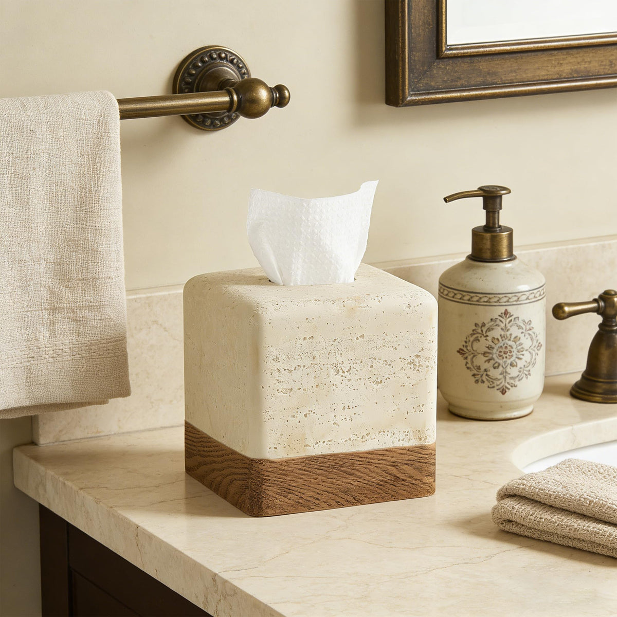 Polytree open-bottom tissue box cover for easy refill on vanity or nightstand.