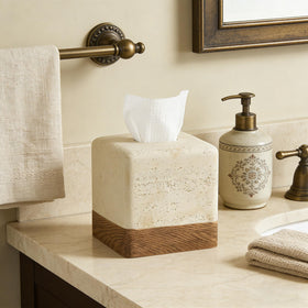 Polytree open-bottom tissue box cover for easy refill on vanity or nightstand.