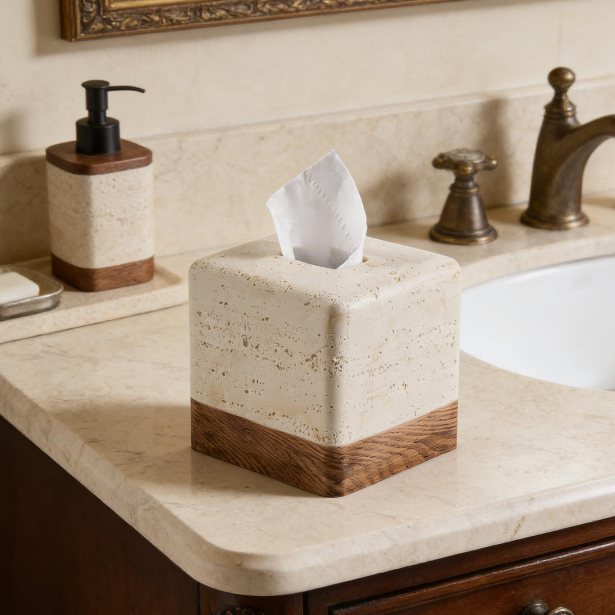 Polytree resin heavy tissue box holder provides sturdy storage on a desk.