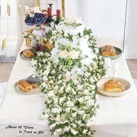 Ponking artificial rose vine on wall arch showcases lush greenery for celebrations.