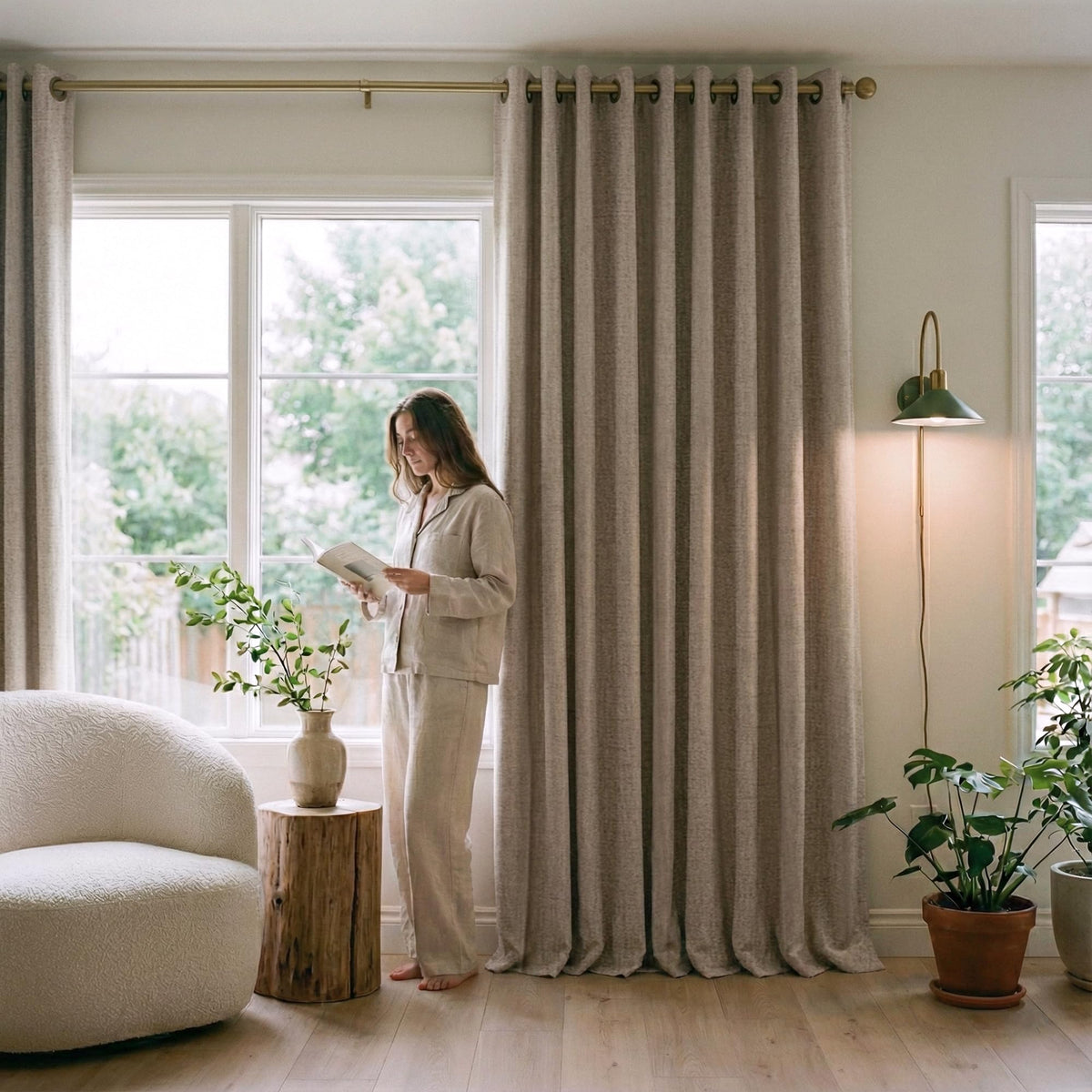 PONY DANCE bedroom curtains with textured faux linen add warmth to living areas.