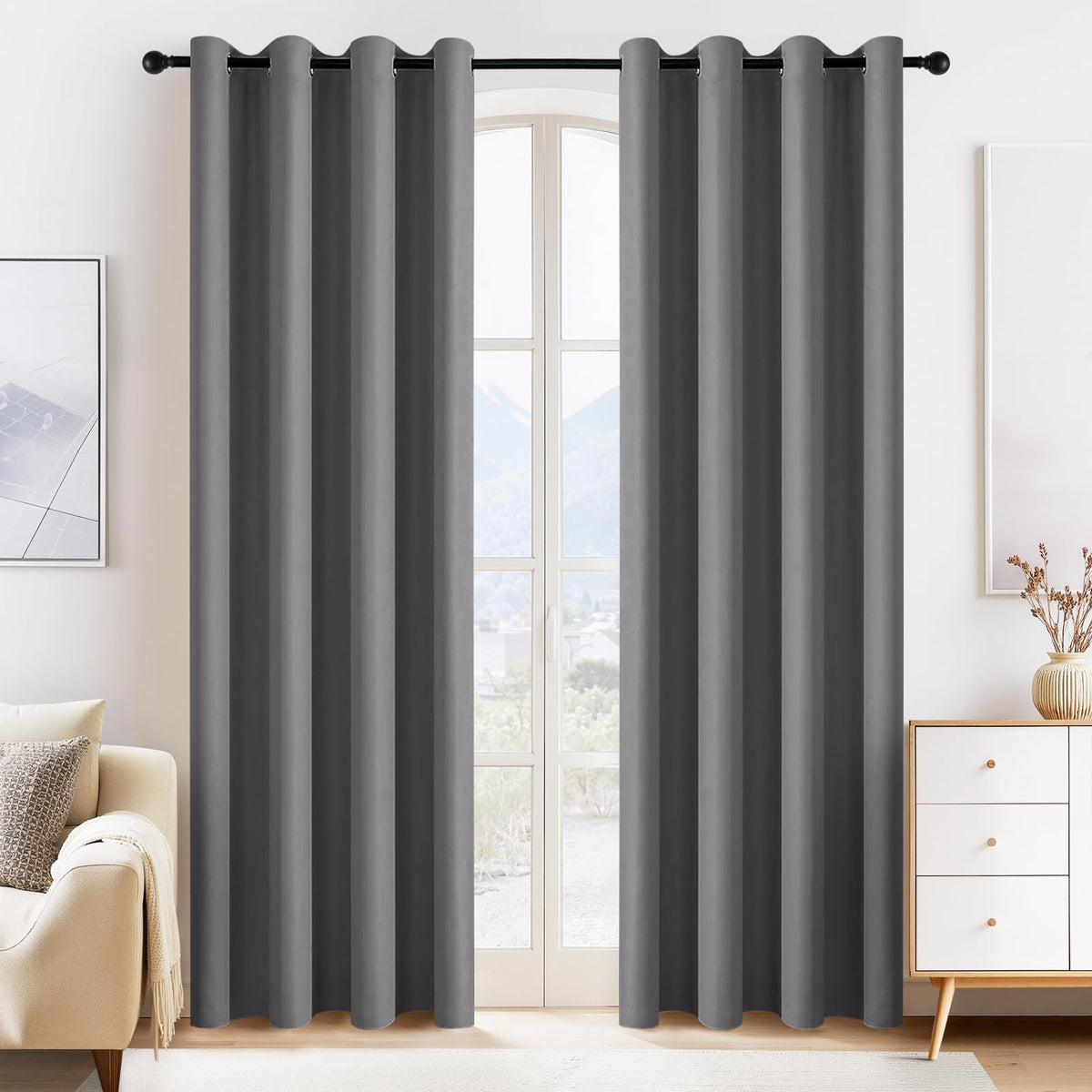 PONY DANCE blackout curtains in grey for bedroom privacy and light control.