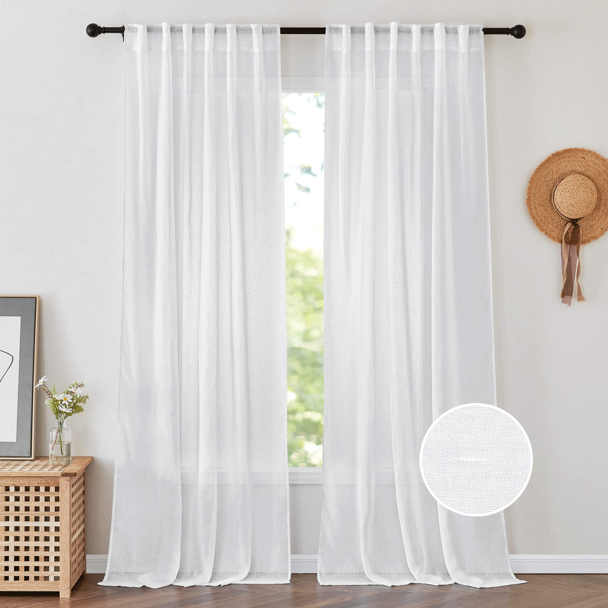 PONY DANCE white sheer curtains frame the living room window with soft, diffused natural light.