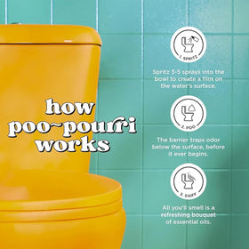 Poo-Pourri bathroom spray creating a protective barrier on water surface.
