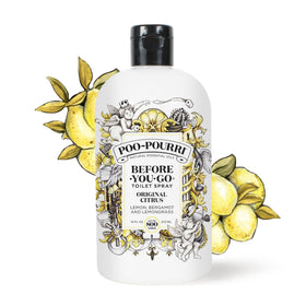 Poo-Pourri bathroom scene with bottle on sink suggests daily use.