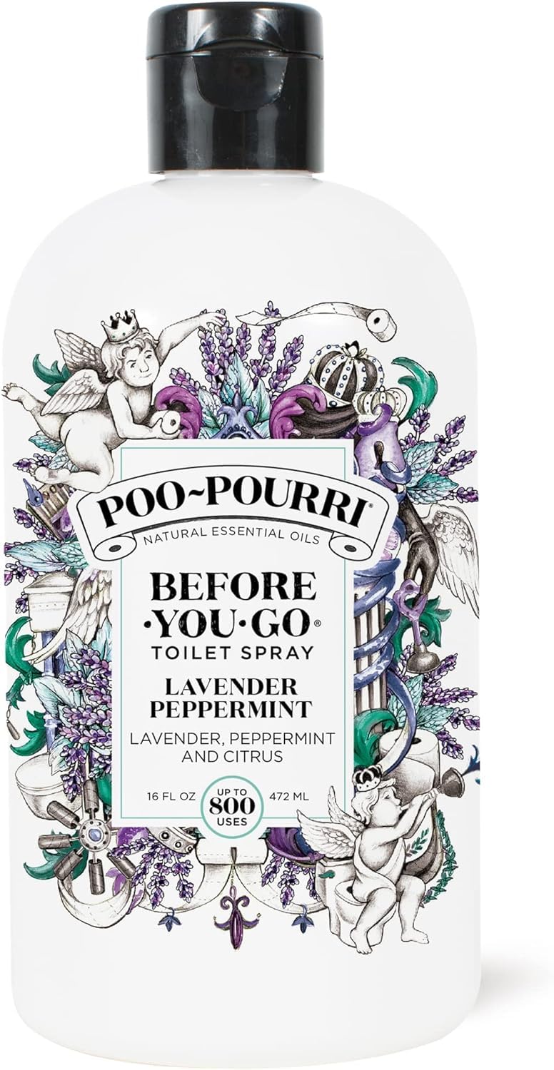 Poo-Pourri lavender peppermint bottle front label for odor prevention before you go.