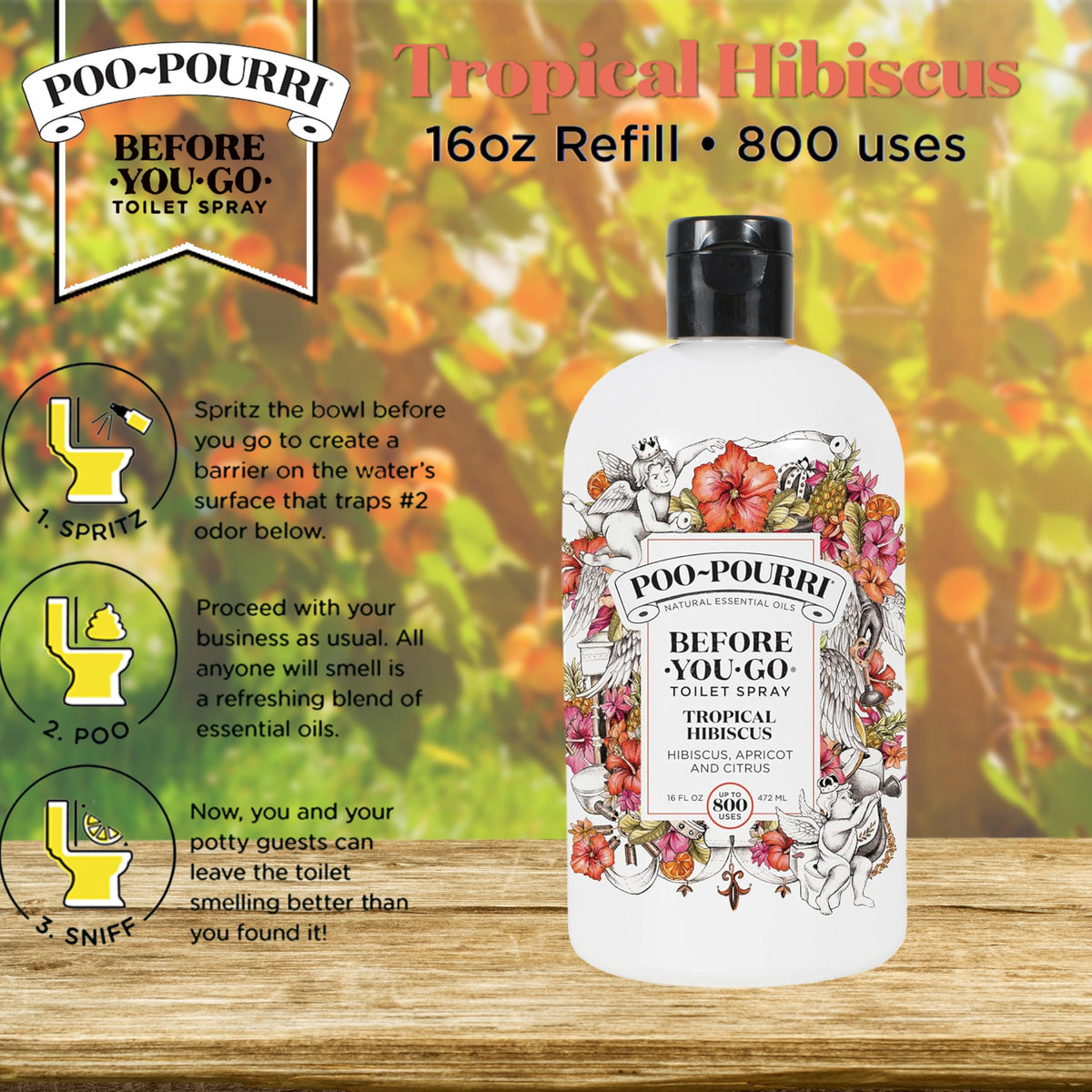 Poo-Pourri Hibiscus bottle packaging highlights eco-friendly formula.