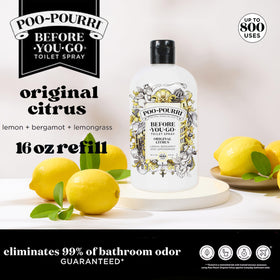 Close-up of Poo-Pourri Original bottle label highlighting natural oils.