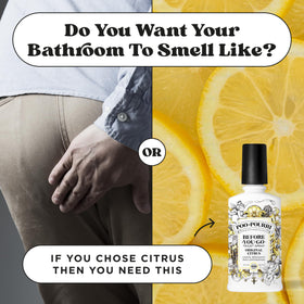 Poo-Pourri Original Citrus bathroom scene conveys discreet use in shared spaces.