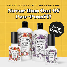Poo-Pourri Original Citrus spray action shows barrier-on-water protection.