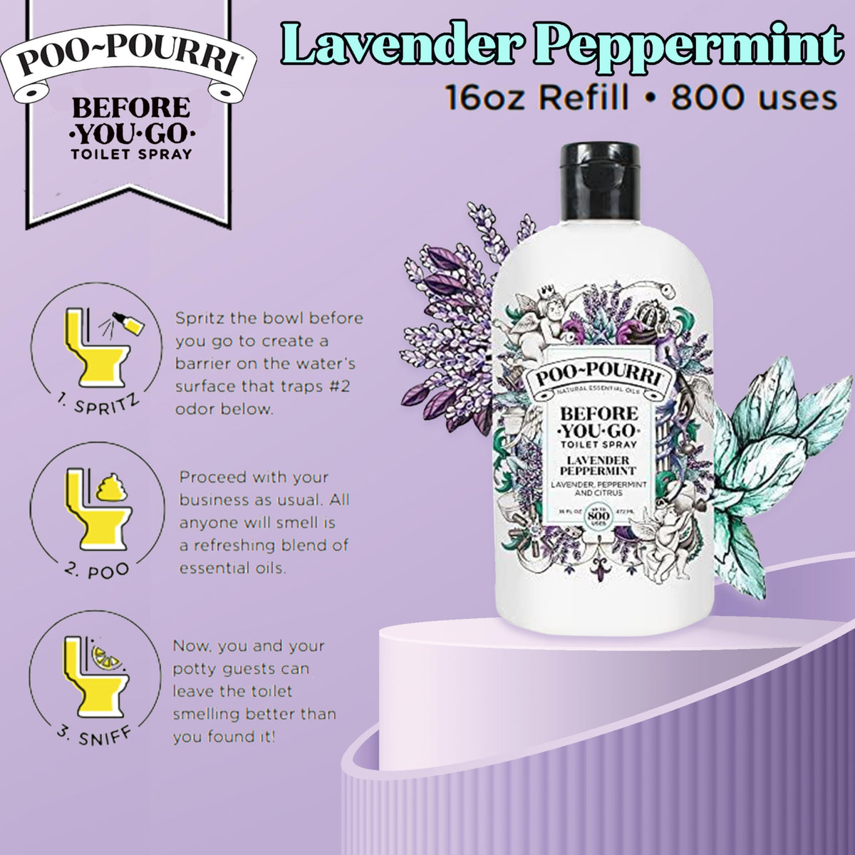 Close-up of Poo-Pourri lavender peppermint essential oil blend for fresh scent.