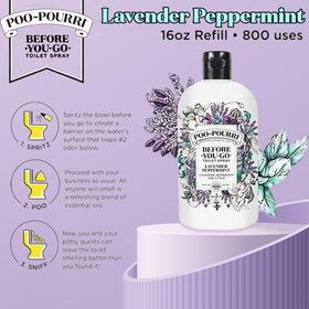 Close-up of Poo-Pourri lavender peppermint essential oil blend for fresh scent.