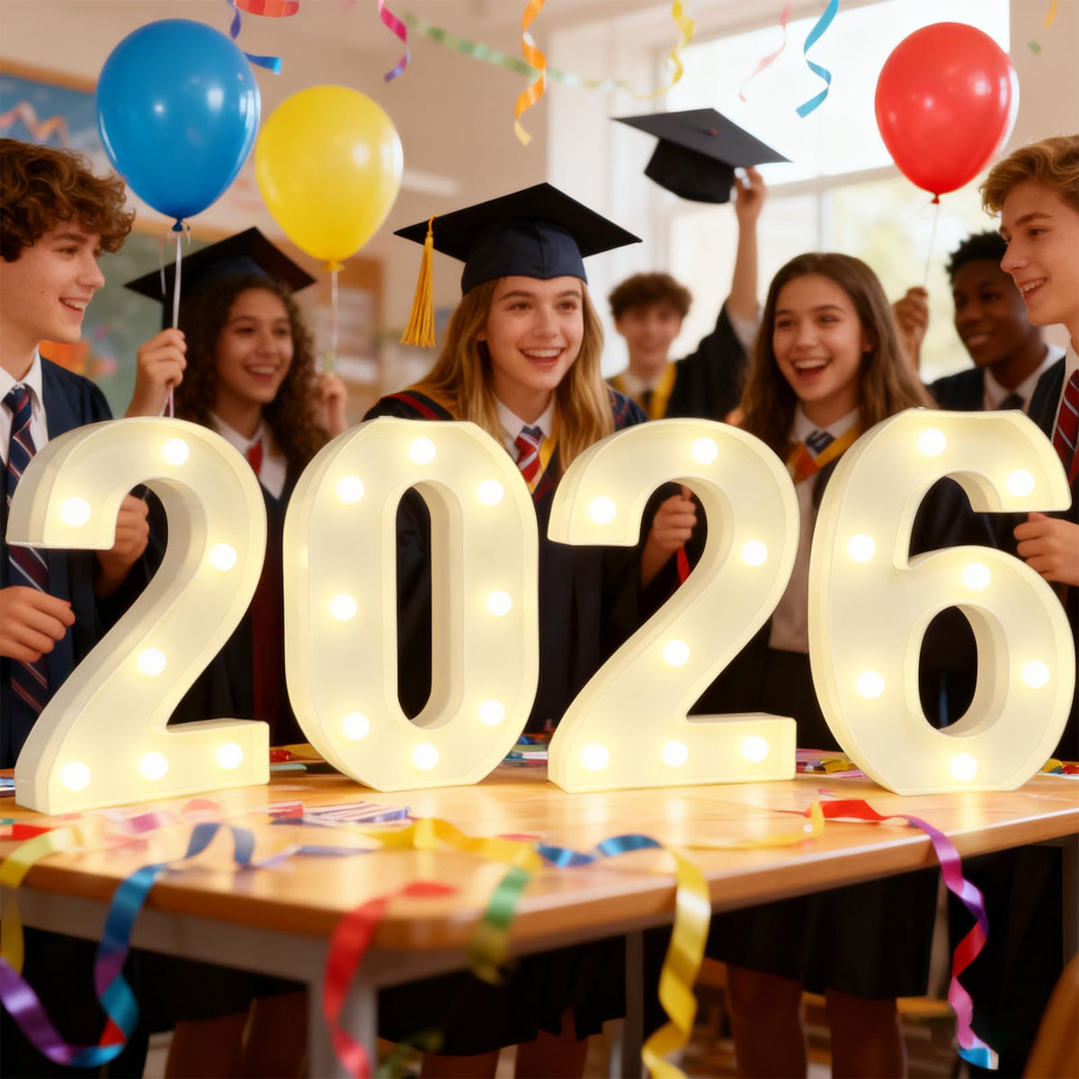 Pooqla 2026 marquee numbers illuminate tables and walls for a memorable graduation display