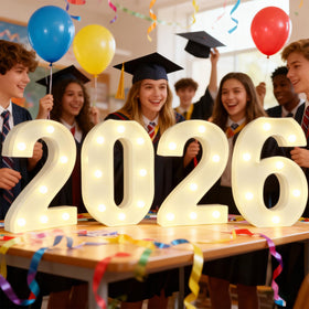 Pooqla 2026 marquee numbers illuminate tables and walls for a memorable graduation display