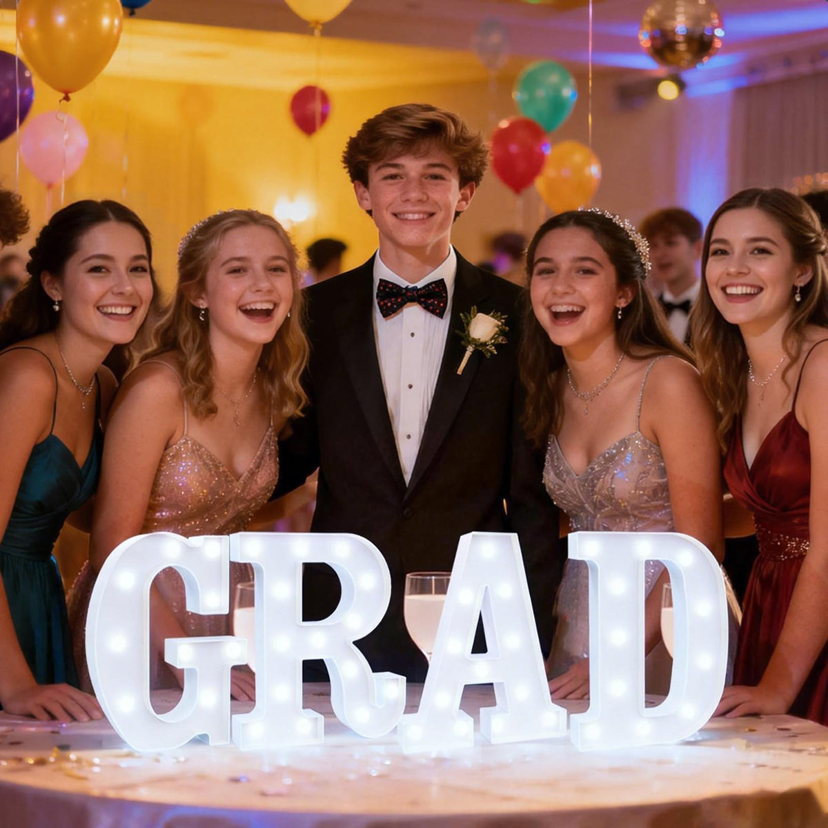 Pooqla GRAD illumination sign spans 28.4 inches and enhances party visuals.