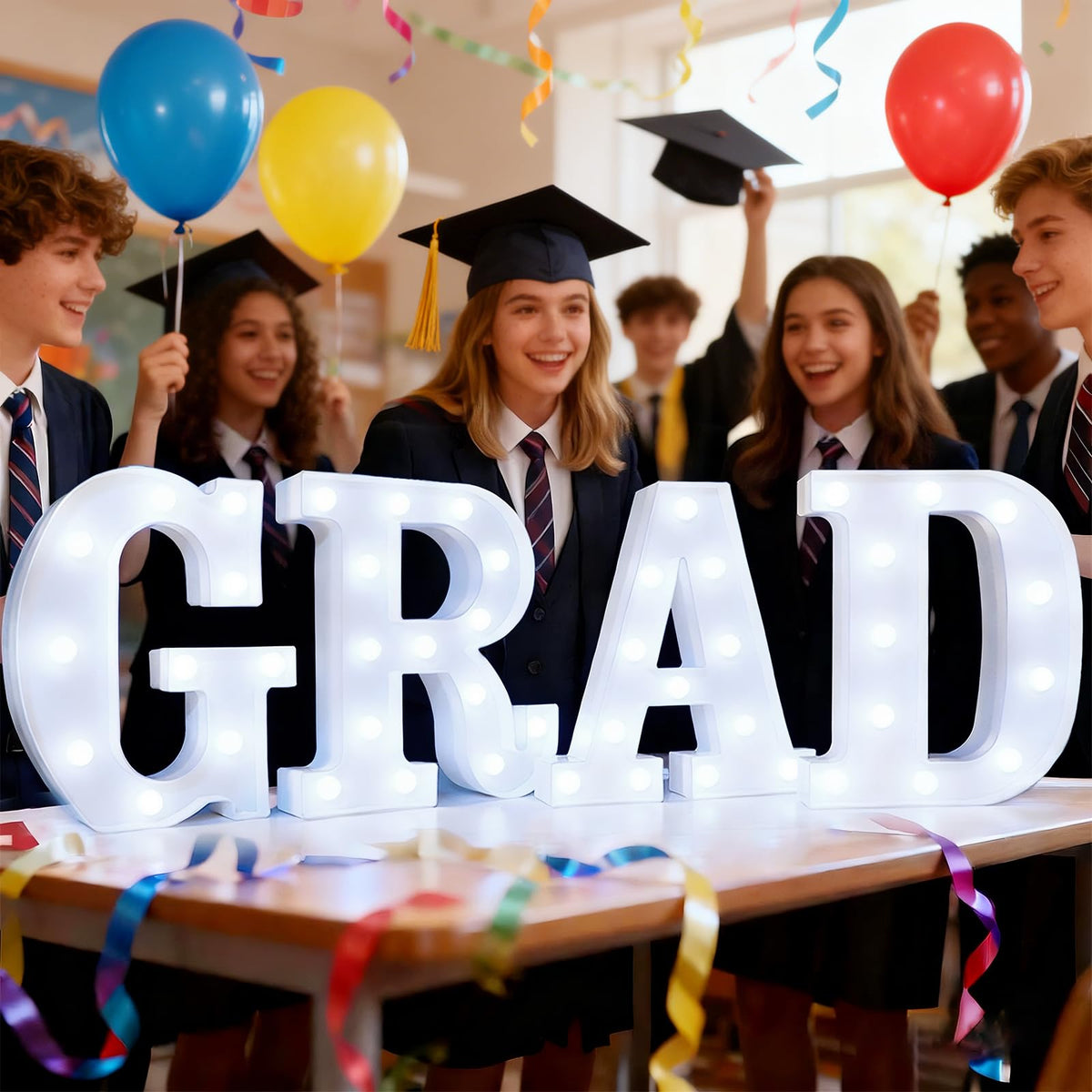 Pooqla GRAD marquee letters set illuminated for warm party ambiance and photo backdrops.