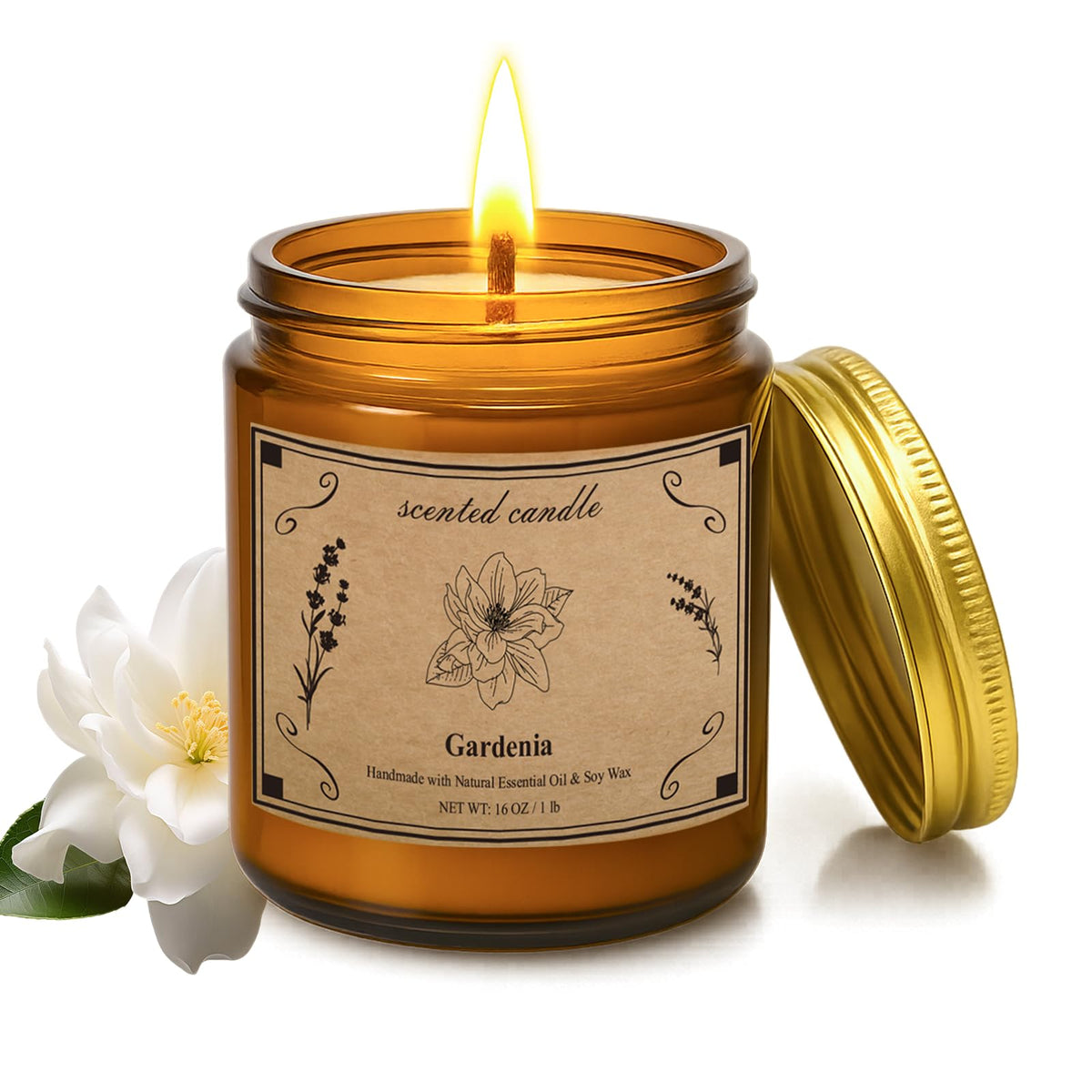POOTES Gardenia candle in amber jar creates a warm, inviting ambiance for any room.