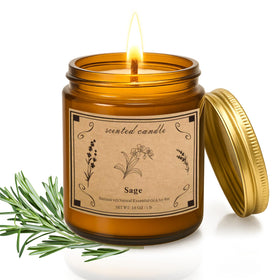 POOTES Sage Candle in amber jar creates a calming mood for home.