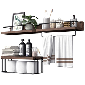 PopiShelves over-toilet shelves with wood back panel for towels and toilet paper.