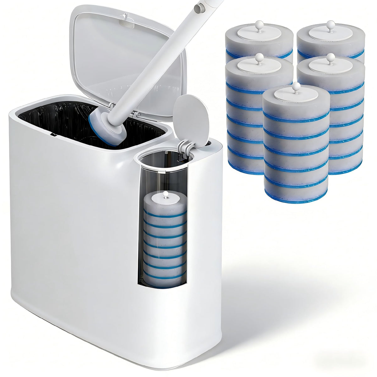 POPMOP white plastic mini trash can with pop-out lid for compact bathrooms.