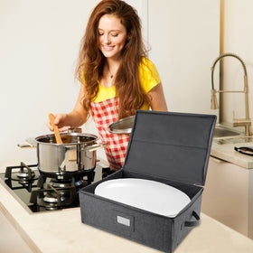 Popoly 17x13x6 inch case stacked neatly for organized diningware