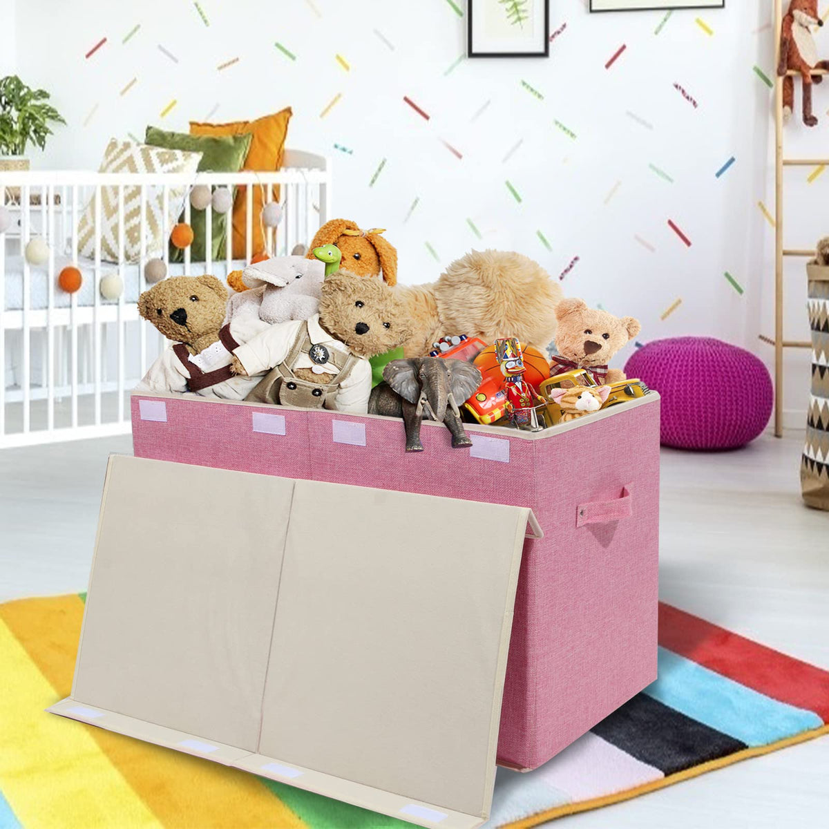 Popoly collapsible toy bin in flat-pack form saves space when not in use