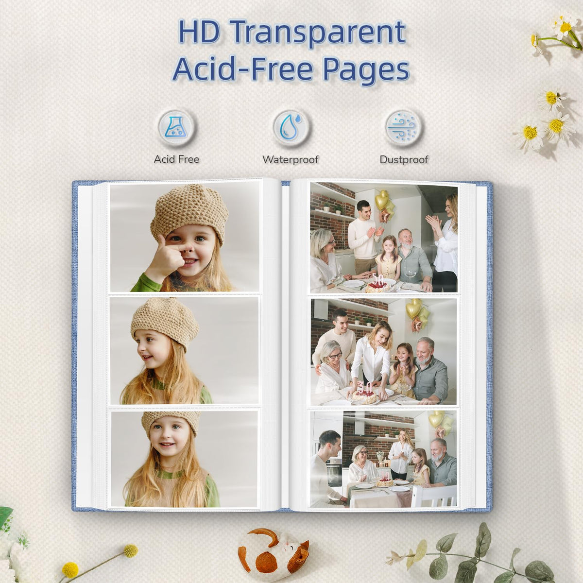 Popotop album interior displaying 4x6 photo slots and tidy layout options.