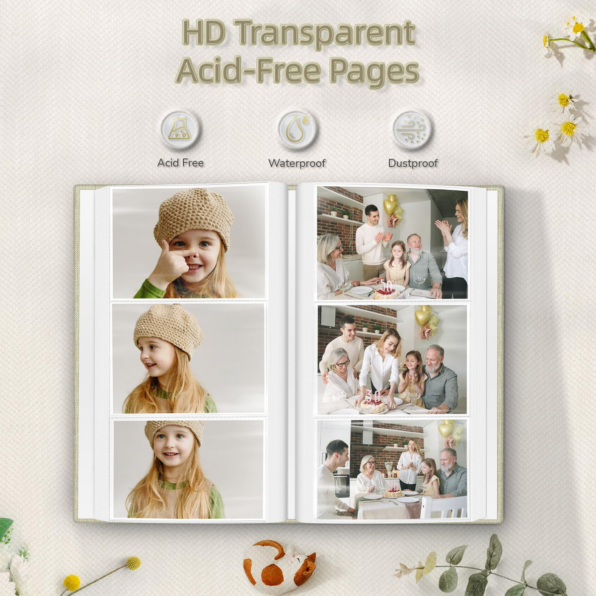 Popotop album interior pages shown with acid-free design protecting memories