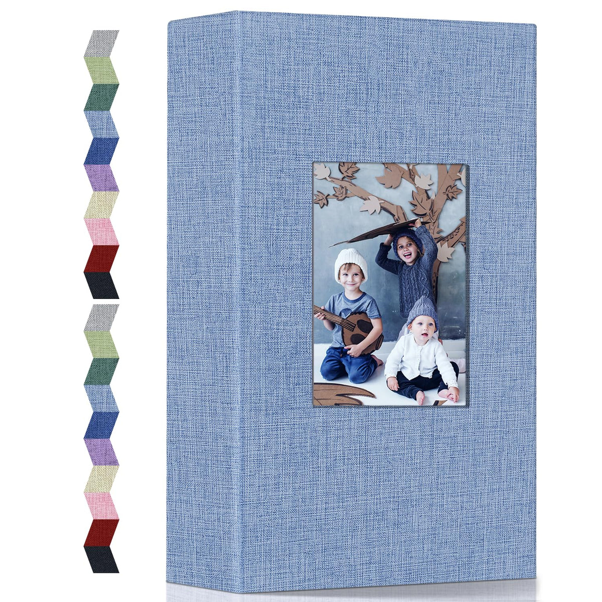 Popotop photo album with linen cover and window for personalized keepsakes, safe memory storage.